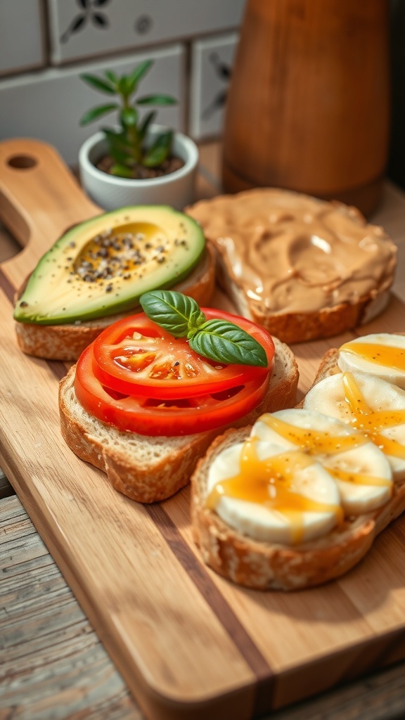 Three types of toast: avocado, tomato basil, and peanut butter banana on a wooden board.